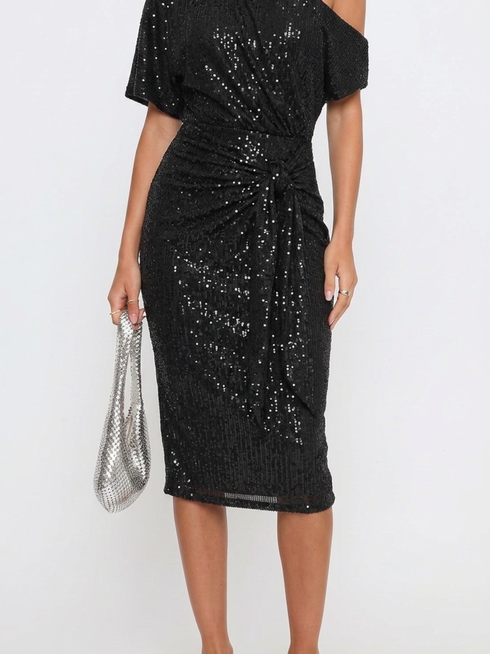 New Size Large Grace Karin Black Sequin One-Shoulder Tie Wrap Midi Dress